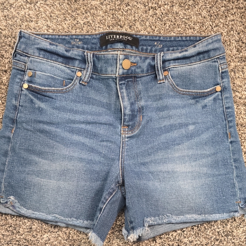 Liverpool Blue Denim Frayed Hem Shorts